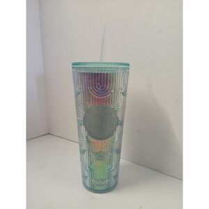 Starbucks Iridescent Tumbler Studded Venti 24oz Cold Cup with Straw Teal Blue
